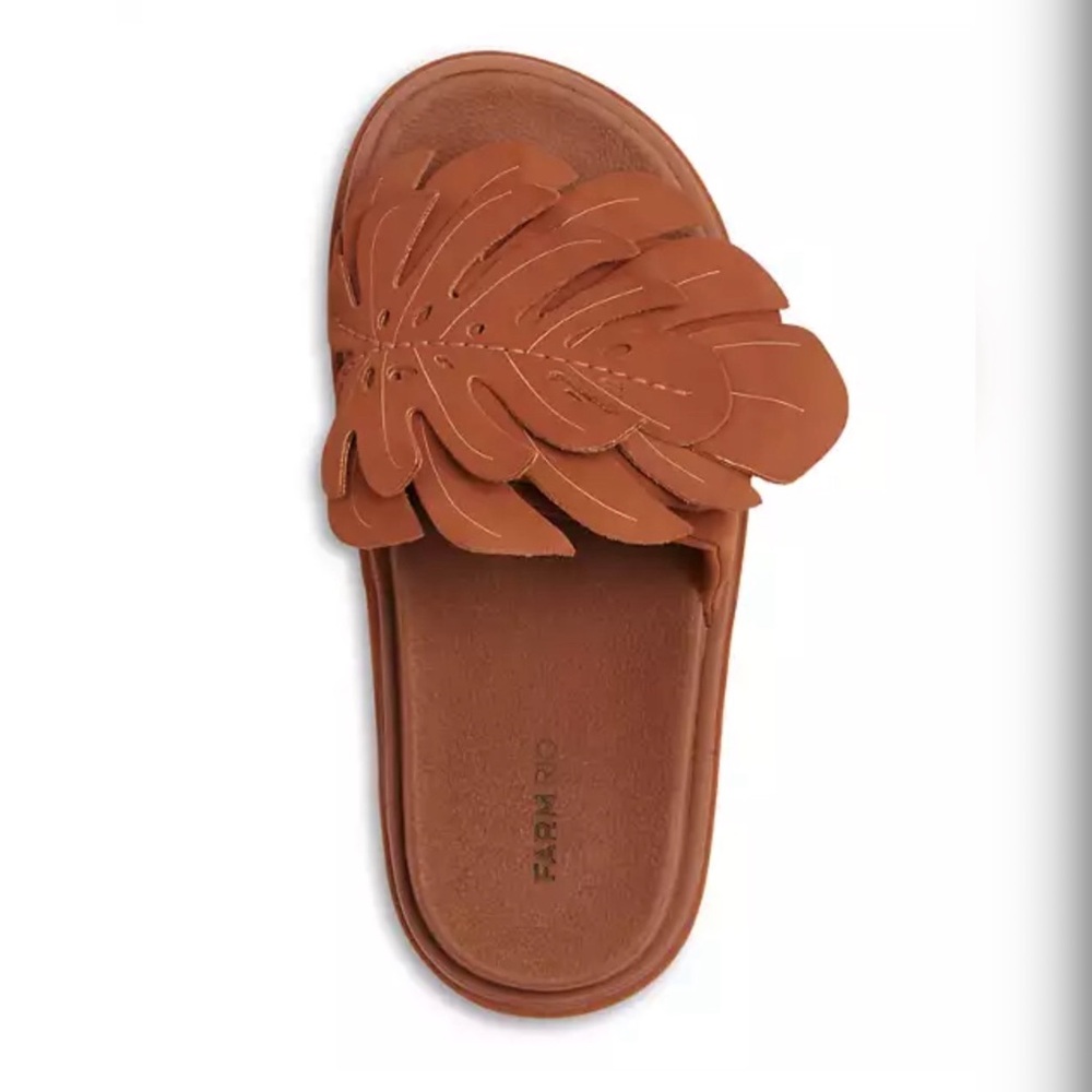 Farm Rio Monstera Anatomic Slide Sandals Caramel Size 7